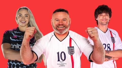 Diamond, Wayne Rooney and Louis Tomlinson in their Soccer Aid kits.