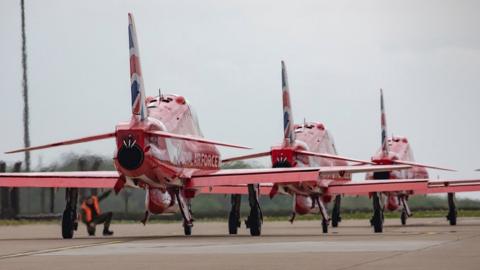 The Red Arrows preparing to take off from RAF Waddington for the King's flypast