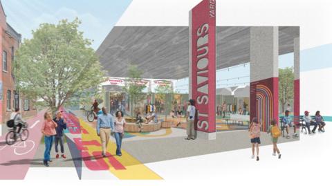 We can see an artist's impression of how part of the box park would look. There are some seating areas with a pillar of a road flyover labelled "St Saviours".