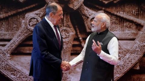 Indian Prime Minister Narendra Modi welcomes Russian Foreign Minister Sergei Lavrov upon his arrival at Bharat Mandapam convention center for the G20 Summit, in New Delhi, India, Saturday, Sept. 9, 2023.