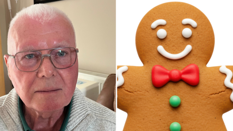 An edited image shows the face of a man with white hair and glasses and part of a gingerbread man