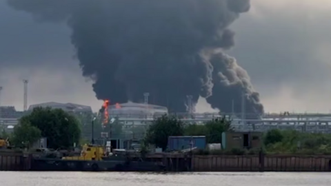 Screenshot from a video showing St Petersburg's oil terminal on fire in north-western after a Ukrainian attack. 