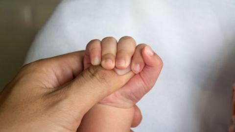 Parent hands holding new born baby fingers, Close up mother's hand holding their new born baby