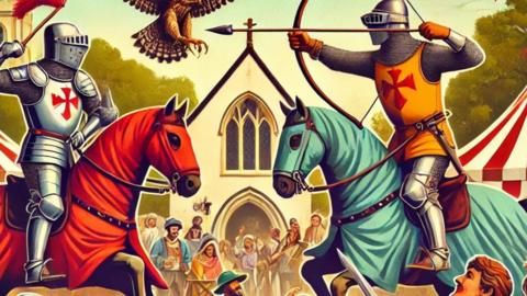 Illustration depicting knights jousting in front of a church, with spectators looking on.