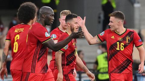 Portugal celebrate Thorgen Hazard's goal