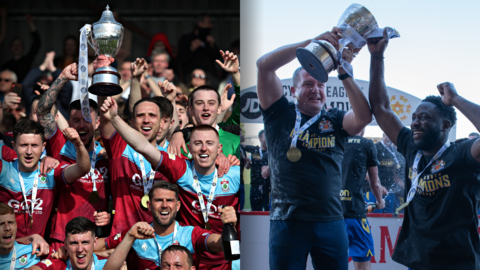 Colwyn Bay and Barry Town celebrate their title wins