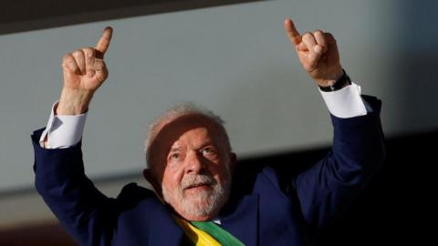 Brazil's President Luiz Inacio Lula da Silva gestures at the Planalto Palace, in Brasilia, Brazil, January 1, 2023