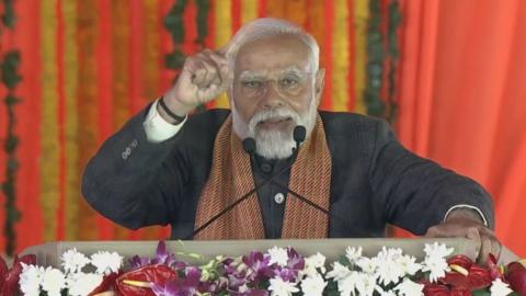 India's Prime Minister Narendra Modi speaking at Bakshi stadium in Srinagar