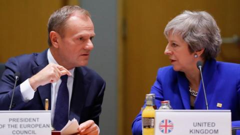 File pic Nov 2018: Britain's Prime Minister Theresa May (R) listens to European Council President Donald Tusk during a special meeting of the European Council.