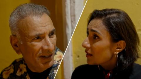 Bal and Anita - split image of them looking at each other