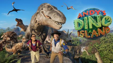 Andy and Jen run from a giant T-rex. Andy's Dino Island logo