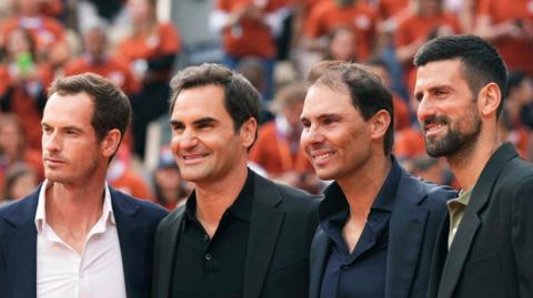 Andy Murray, Roger Federer, Rafael Nadal and Novak Djokovic pose for a photograph at the French Open