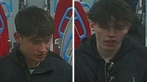 Two pictures side by side. Both are images of different young men in black coats on a train.