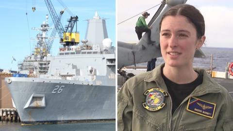 Splitscreen. Left, the USS John P Murtha. Right, a navy aircrewman.