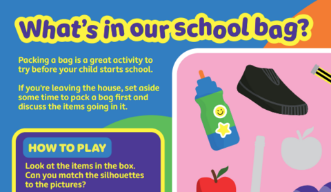 'What's in our school bag?' image includes items of the bag on the right.
