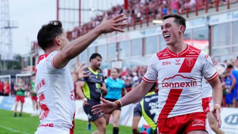Hull KR's Jack Broadbent celebrates scoring one their first-half tries against Catalans Dragons