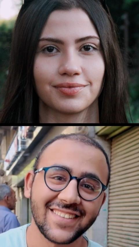Split screen of a woman with long dark hair and a man with glasses.