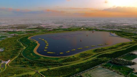 An artists aerial view of how the new reservoir would look as the sun sets on the horizon