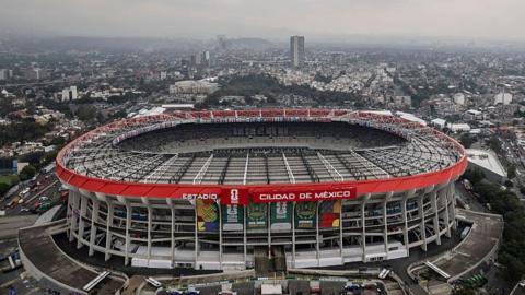 An aerial view of the exterior of the Azteca Stadium