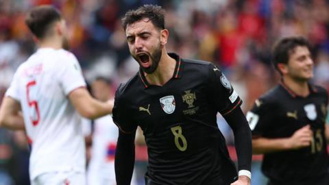Bruno Fernandes celebrates scoring for Portugal