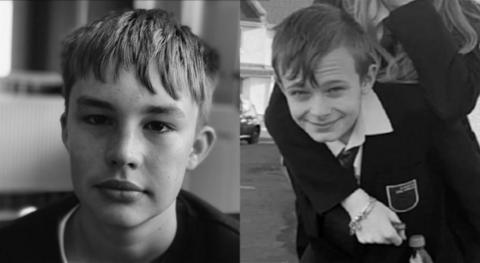 Black and White images of Max Dixon, 16, and Mason Rist, 15. They are both looking directly at the camera. Mason is wearing a school uniform.