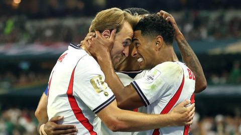 Jude Bellingham celebrates scoring England's second goal.
