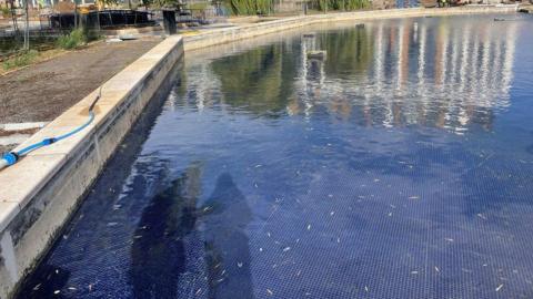 A large pond filled with clear waer and a deep blue mosaic-tiled floor. The pond is surrounded by a concrete and stone edging and the water carries the distorted reflection of what appears to be a large modern office building nearby.