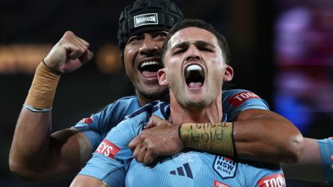 Nathan Cleary shouts with joy after scoring, his gumshield exposed