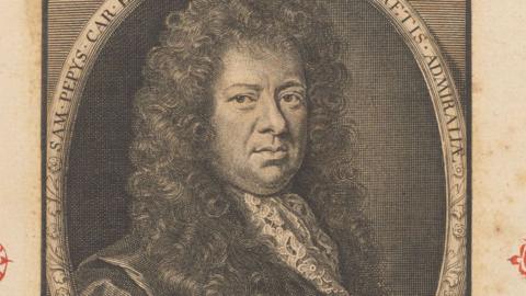 Image showing the head and shoulders of Samuel Pepys. He is wearing a long, curly wig and a scarf and jacket.