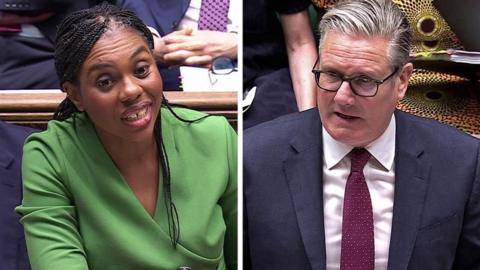 A split image of Badenoch and Starmer in the Commons
