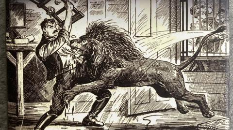 A cropped section of the book's front cover, showing a cross-hatch sketch of a  lion leaping towards a man and tearing at his shirt with its teeth. The man is holding a chair above his head to strike the animal with, while a policeman outside sprays it with a hose through the bars of the window. 