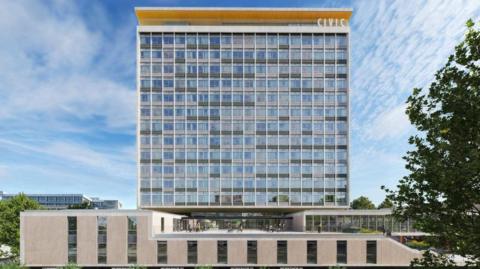 A CGI showing the planned new version of the Civic Centre in Plymouth. There are trees in front of the building and people walking and cycling. There appears to be a restaurant space on the roof of the lower part of the building. 