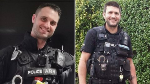 Two police officers, in a side-by-side image. They are both wearing uniform, with jackets, smiling and looking direct at the camera. They both have short dark hair.