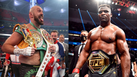 Tyson Fury with his world titles and Francis Ngannou with his UFC belt