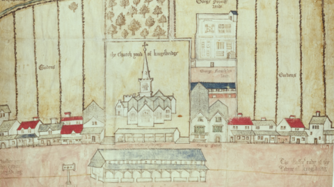 A hand-drawn Tudor map of Kingsbridge. The map shows two lines of houses, some have red roofs. A detailed drawing of a church is in the center of a map. A long building with arches is below the story. Long lines behind the houses maps out where gardens were.