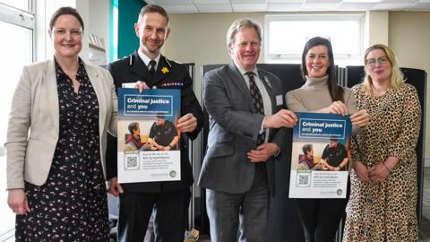 Police and Crime Commissioner Alison Hernandez, Deputy Chief Constable David Thorne, High Sheriff of Cornwall Toby Ashworth, Alexis Bowater OBE and lived experience advisor Jess Cain
