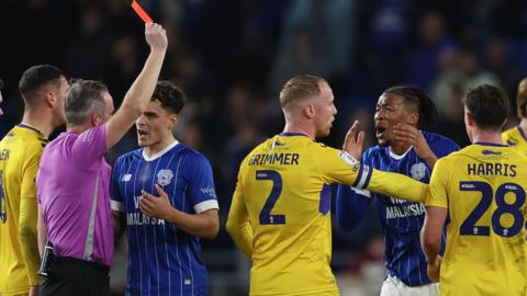 Ex-Luton defender Gabriel Osho (second right) joined Cardiff from Auxerre last summer