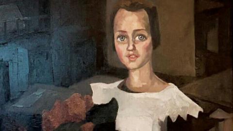 Crop of a painting believed to be Toon Kelder's 'Portrait of a Young Girl' shows a girl in a white dress with black sleeves holding what appears to be a bouquet of red flowers. She has brown hair and blue eyes and is sitting.