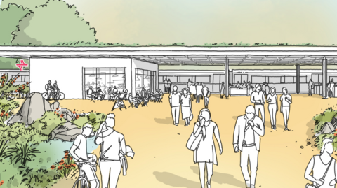 A designer's impression of how a parkway station could look, with line-drawn people moving in and out of a flat-roofed shelter and train at a platform beyond. 