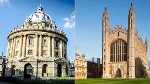 On the left is a picture of the Bodlian Library in Oxford - a cylindrical stone building with four storeys and a domed lead roof. It is set against a blue sky and surrounded by grass and a black wrought iron fence. On the right is a picture of King's College in Cambridge. It shows immaculately maintained grass leading up to the college chapel with its large arched wooden door and large church windows. 