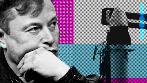 Graphic of Musk looking pensive with a rocket behind him