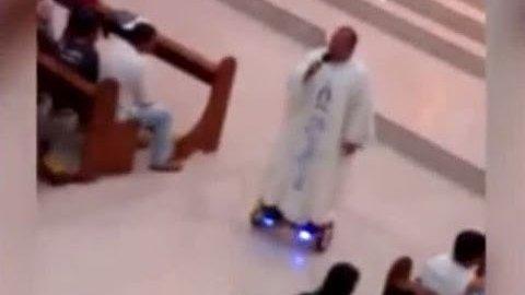 Priest on a hoverboard