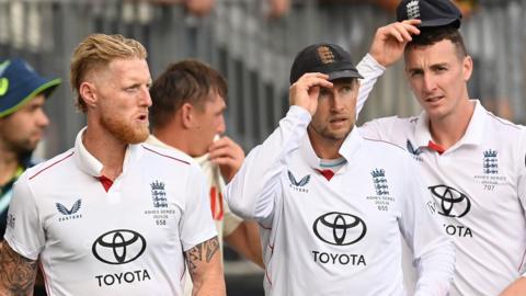 England batters Ben Stokes, Joe Root and Harry Brook look disappointed