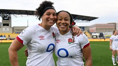 Sadia Kabeya and Shaunagh Brown smiling after an England win in 2022