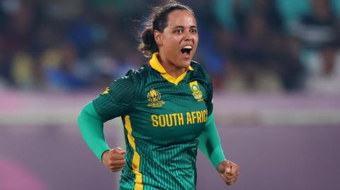 South Africa's Chloe Tryon celebrates taking a wicket