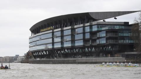 A view of Fulham's Riverside stand from the River Thames