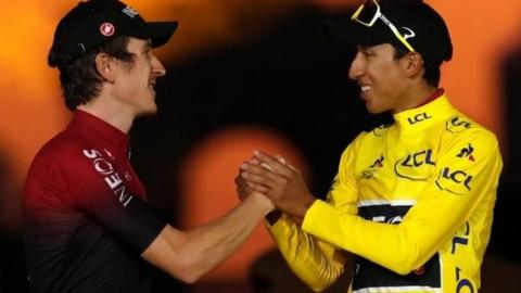 Geraint Thomas and Egan Bernal on the podium in Paris