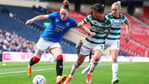 Rangers Rachel Rowe and Celtic's Shen Mengyu and Natalie Ross