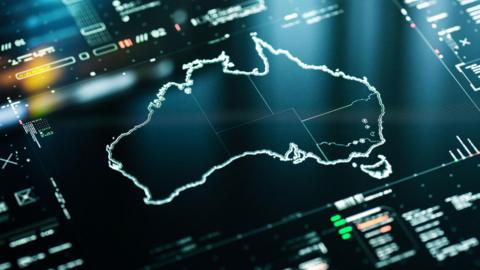 Outline map of Australia infographics with data charts representing communication, internet and technology.