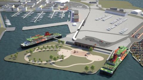 A visualisation of a large harbour with two large ships moored beside a park with a marina in the background